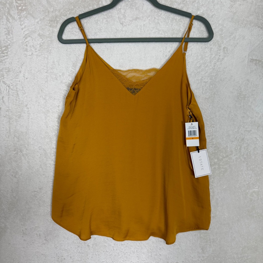 NWT Mustard Satin Cami Lace Trim Tank Top Flowy Chic Minimalist Layering Size S